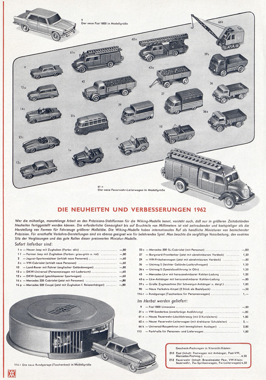 Wiking Katalog 1962, Wiking Modellbau Kataloge, Preisliste 1962, Bildpreisliste 1962, Verkehrsmodelle 1962