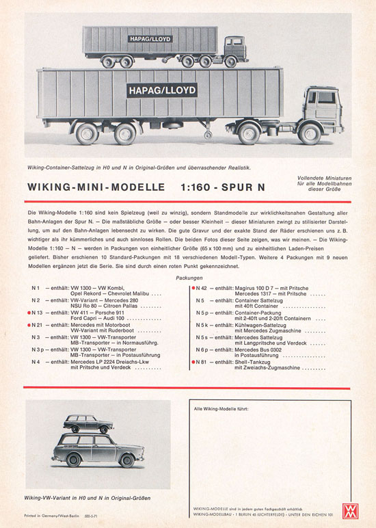 Wiking Katalog 1971, Wiking Modellbau Kataloge, Preisliste 1971, Bildpreisliste 1971, Verkehrsmodelle 1971