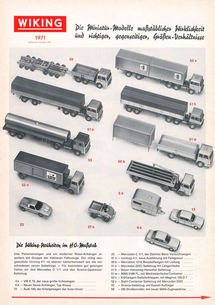 Wiking Katalog 1971, Wiking Modellbau Kataloge, Preisliste 1971, Bildpreisliste 1971, Verkehrsmodelle 1971