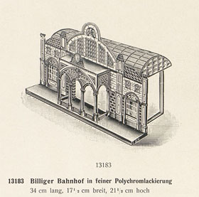 Bing Billiger Bahnhof mit Vordach und Durchfahrtshalle im Bing Katalog von 1912
