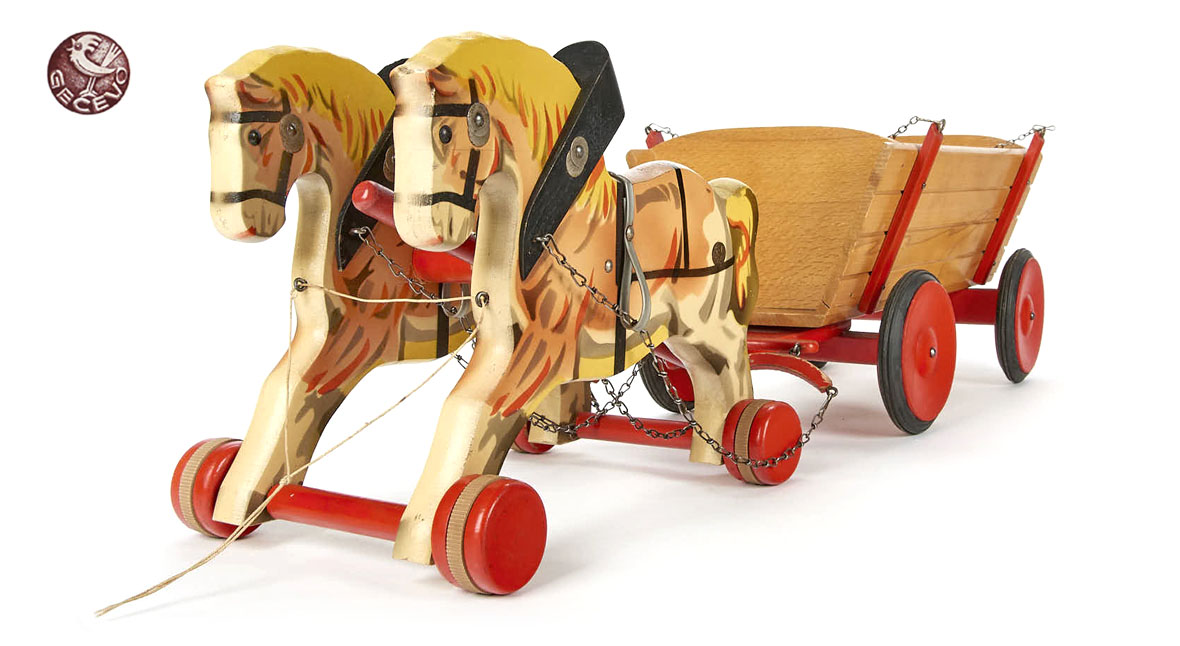 Gecevo Kastenwagen mit Zweispänner, Wooden Toys Horse Pairs